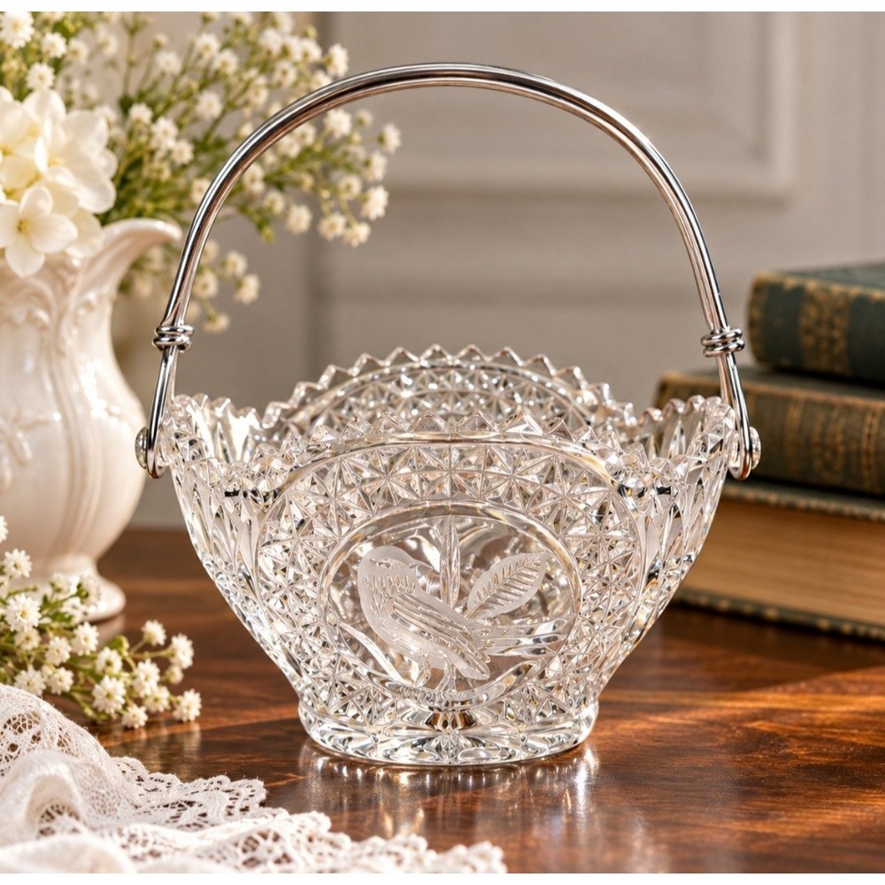 Vintage 1990s Hofbauer Byrdes Crystal Bird Basket Bowl Germany Metal Handle